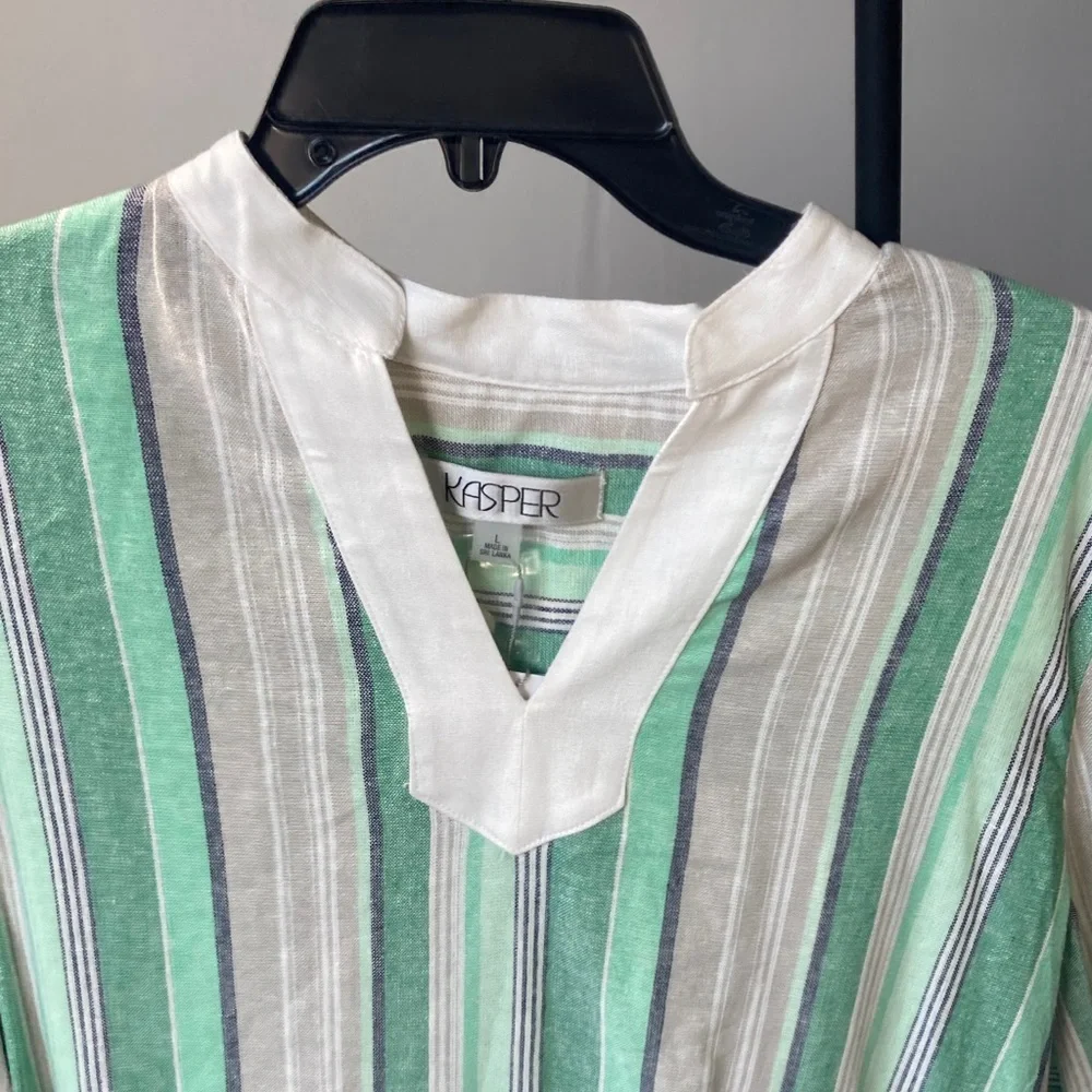 Kasper top print stripes pattern blouse linen blend career business casual L - Picture 5 of 17